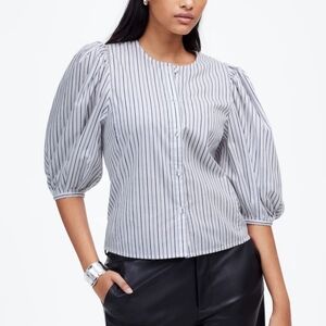 Madewell Puff Sleeve Button Up Striped Shirt Blue White Size 0 NWT